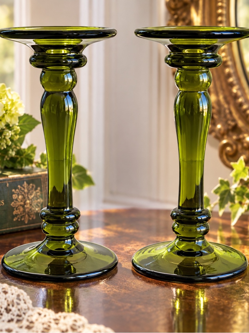 Fenton #449 Florentine Green Stretch Glass Candlesticks Pair 8½” Vintage 1920s